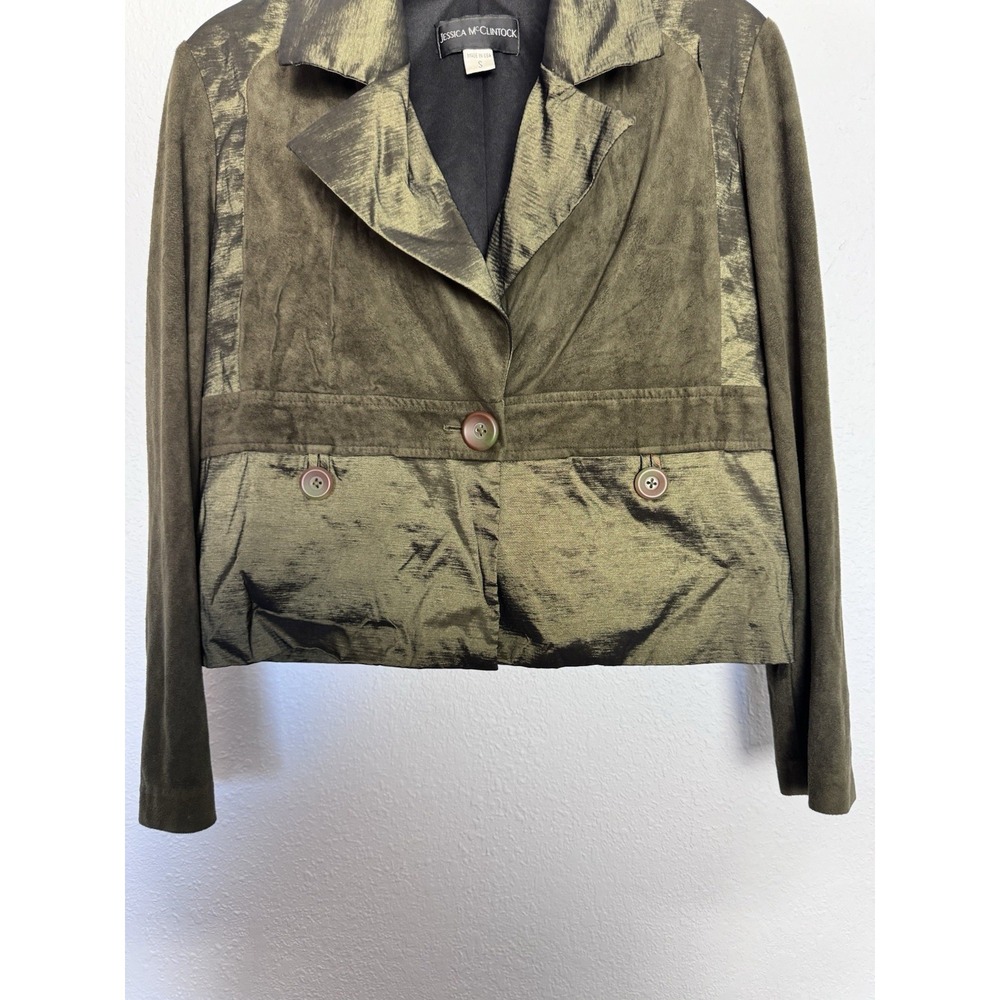 Vintage Jessica McClintock‎ Olive Green Suede Satin Blazer Jacket Size Small USA - Picture 4 of 9